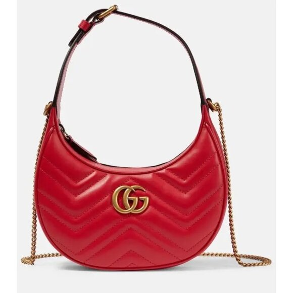 Gucci Calfskin Matelasse Chevron Mini GG Marmont Half Moon Hobo Red 699514 - Picture 1 of 13